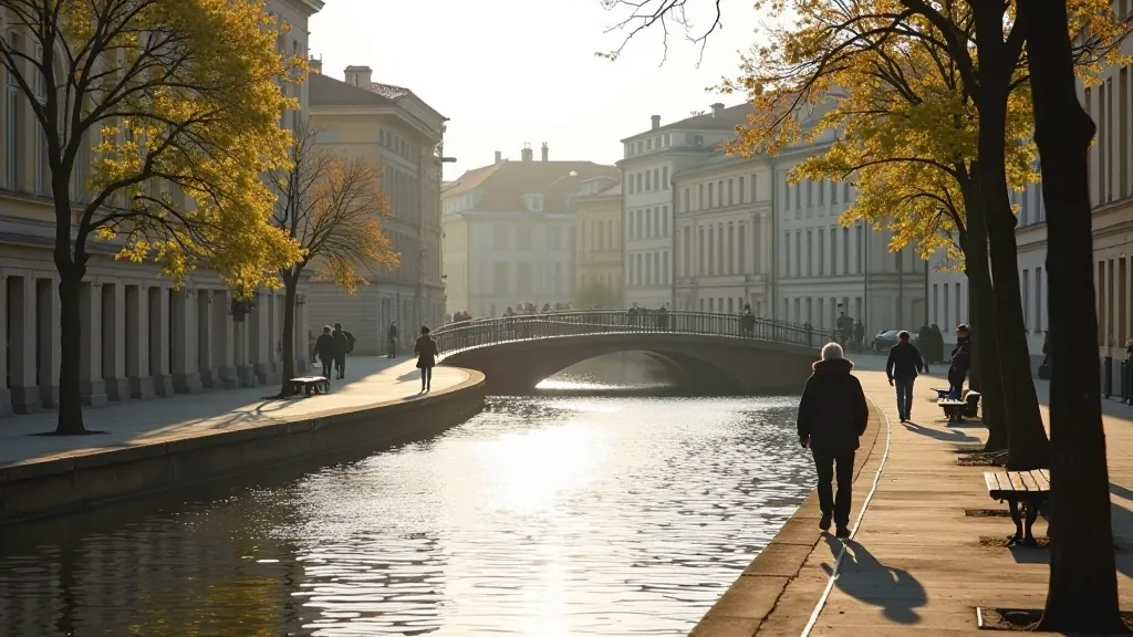 Scenic Riga canal path with historic buildings reflected in water, small bridges, and peaceful walking route
