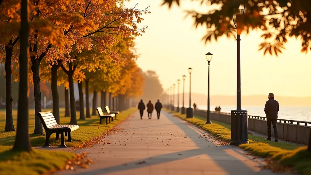 Spring or autumn scene at Jūrmala with golden light, few people walking, trees with seasonal foliage, calm Baltic Sea