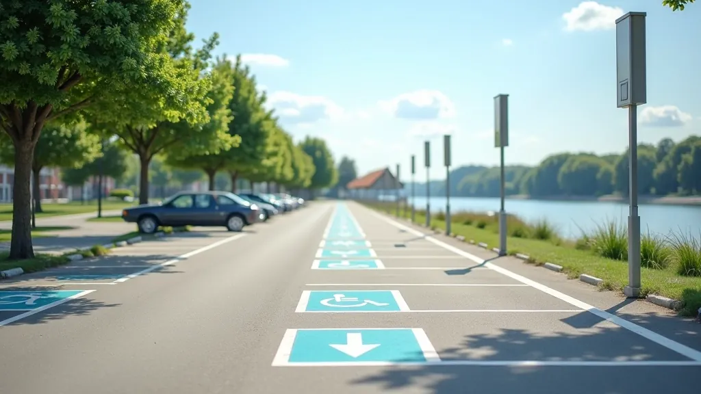 Parking area near the Daugava embankment with clear signage and accessible spaces marked on pavement