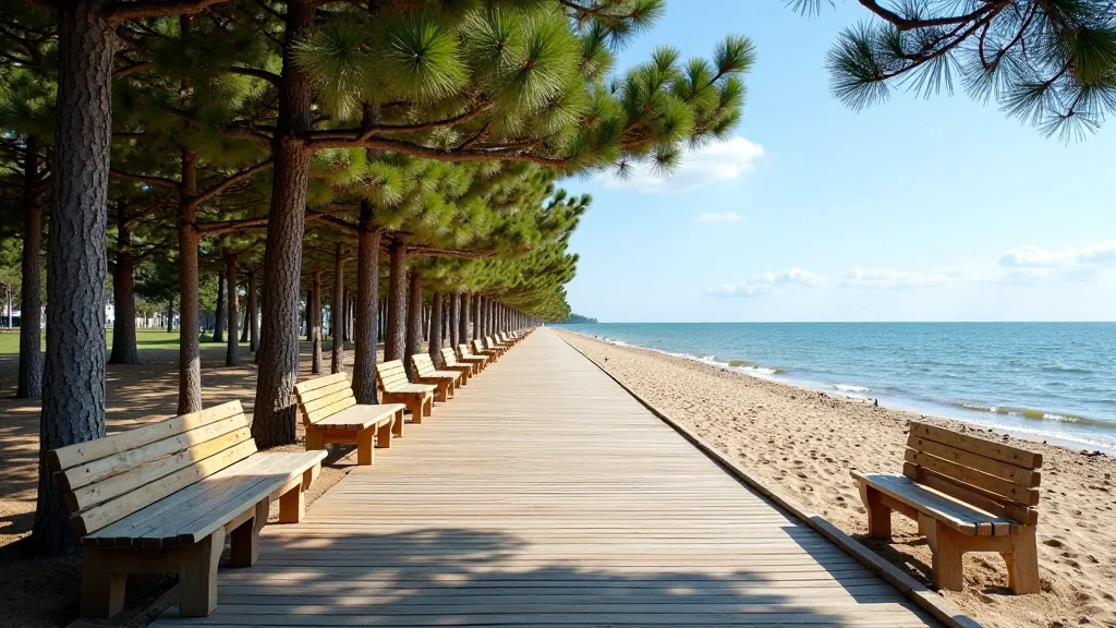 Peaceful seaside promenade in Jūrmala with sandy beach, pine trees, and benches for resting along the path