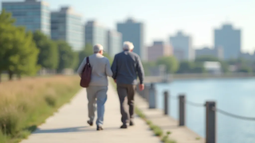 Senior couple walking along the Daugava embankment in Riga with river views and historic architecture visible