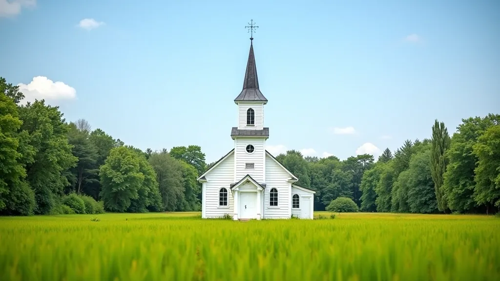 Small white church with wooden steeple in rural Latvian village surrounded by green countryside