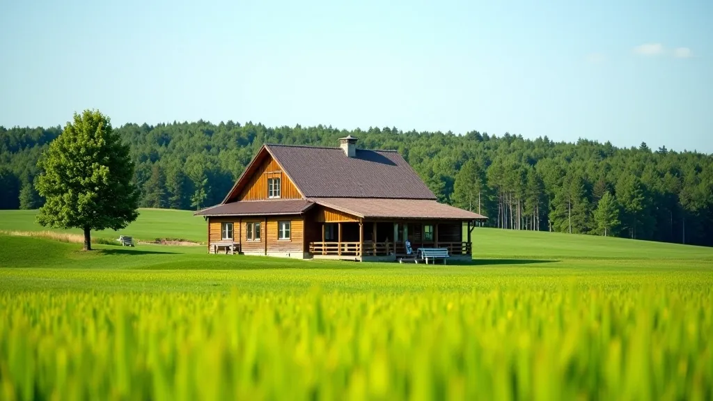 Traditional Latvian farmhouse surrounded by rolling green fields and forest treeline in Vidzeme region