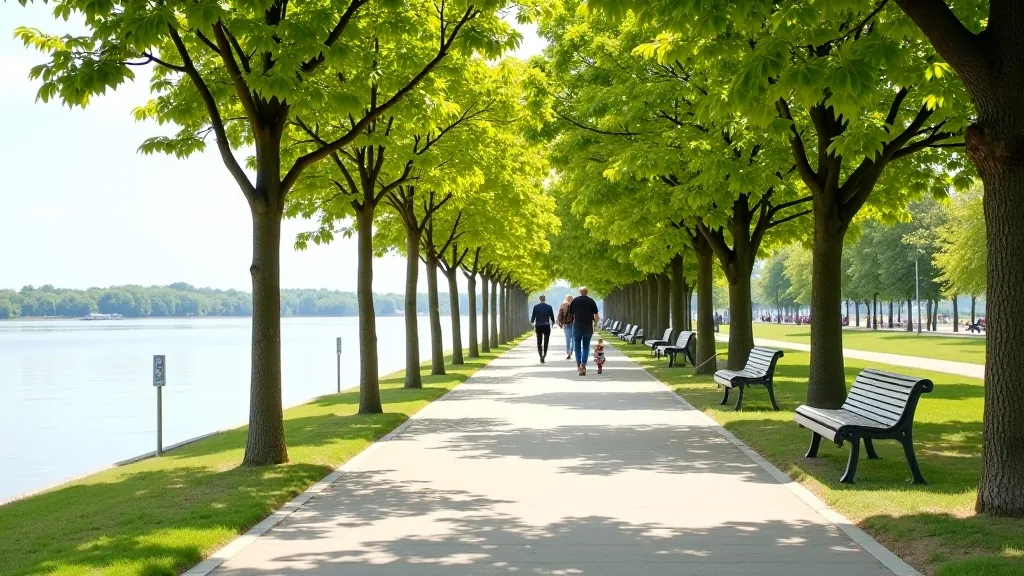 Panoramic view of the Daugava embankment path stretching into distance with benches and trees providing shade along the riverside walkway