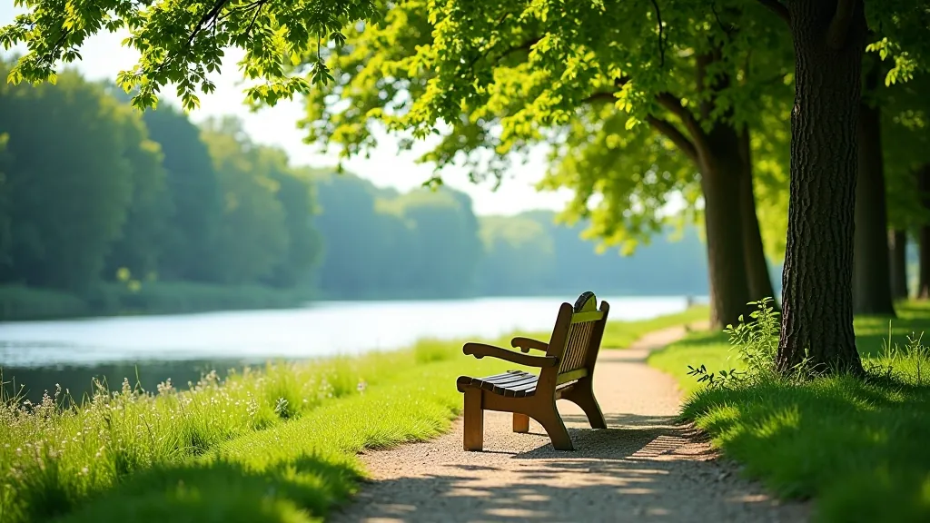 Wooden bench overlooking the Daugava River with trees and green spaces surrounding a peaceful rest area along the embankment