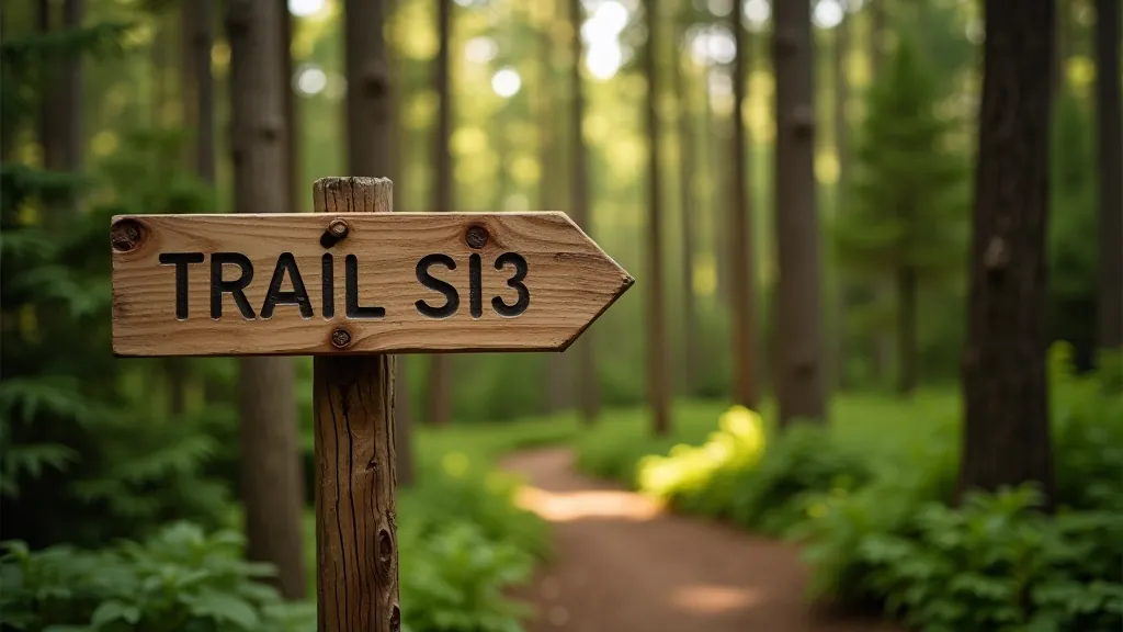 Wooden hiking trail marker sign with Vidzeme regional symbols on forest path surrounded by tall trees